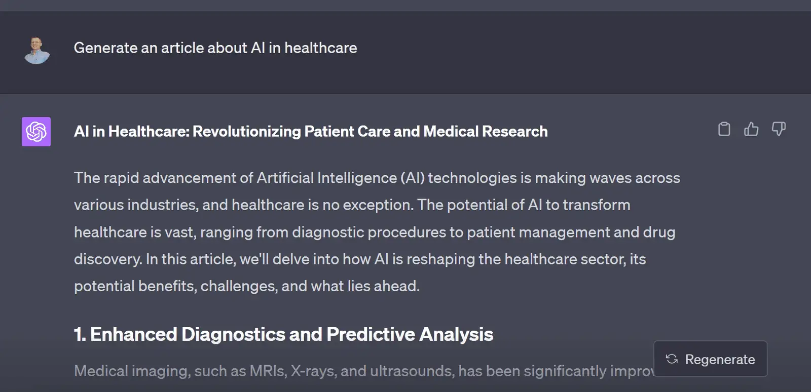 ChatGPT generated text on AI in healthcare